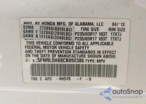 2012 Honda Odyssey Ex-L from USA, damaged, VIN 5FNRL5H68CB092386